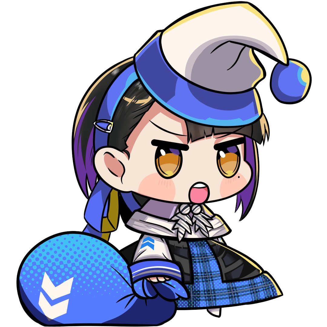 kouto matai, dohna dohna issho ni warui koto o shiyou, 1girl, black hair, blue dress, blue hairband, brown eyes, capelet, chibi, chibi only, dress, hairband, hat, holding, holding sack, looking ahead, meme, mole, mole under eye, multicolored hair, open mouth, padoru (meme), sack, santa hat, shimizu chiharu, simple background, solo, streaked hair, v-shaped eyebrows, white background, white capelet, white hat