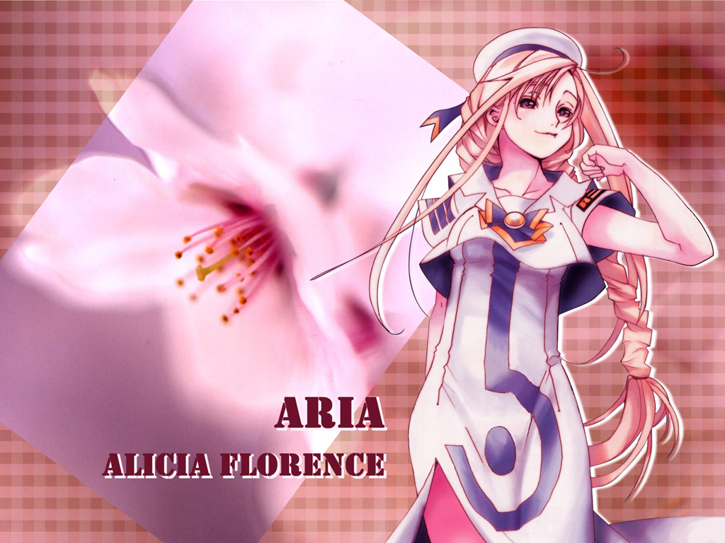 amano kozue, alicia florence, aria (manga), third-party edit, 00s, 1girl, blouse, braid, braided ponytail, character name, cherry blossoms, copyright name, dress, female focus, flower, hat, pantyhose, pink pantyhose, shirt, side slit, single braid, smile, solo, text focus, white shirt