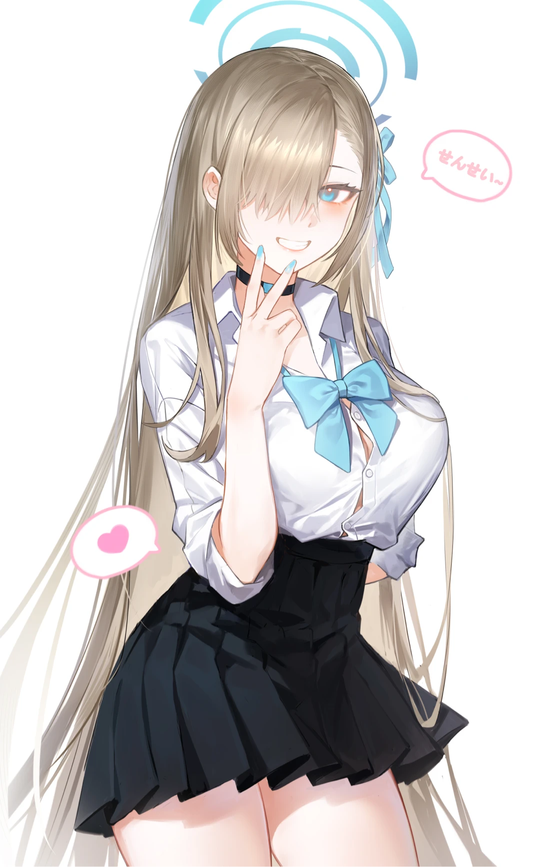 asuna (blue archive), blue archive, highres, 1girl, arm behind back, black skirt, blue bow, blue bowtie, blue eyes, blue nails, blush, bow, bowtie, breasts, button gap, choker, collared shirt, cowboy shot, grin, hair over one eye, hair ribbon, halo, heart, large breasts, long hair, looking at viewer, luo sheep chan, missing commentary, nail polish, pleated skirt, ribbon, school uniform, shirt, shirt tucked in, simple background, skirt, sleeves rolled up, smile, solo, speech bubble, thighs, v, very long hair, white background, white shirt