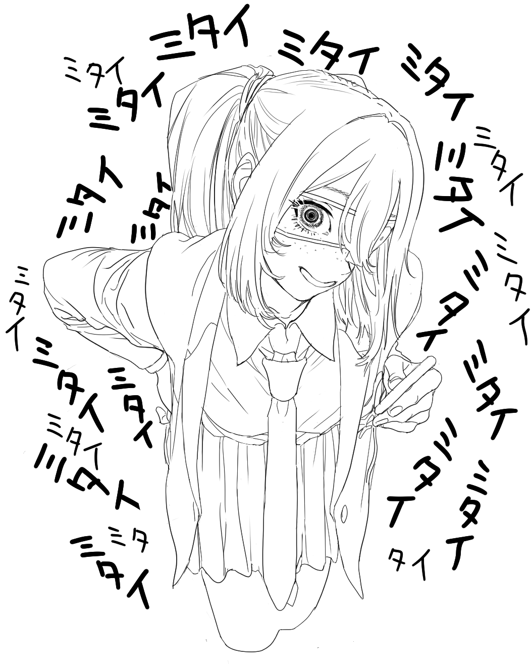 cosmic bear, hatsune miku, monitoring (vocaloid), vocaloid, highres, 1girl, blazer, collared shirt, crazy eyes, eyepatch, freckles, hand on own hip, jacket, leaning forward, looking at viewer, necktie, parted lips, pleated skirt, shirt, skirt, smile, solo, twintails, wide-eyed