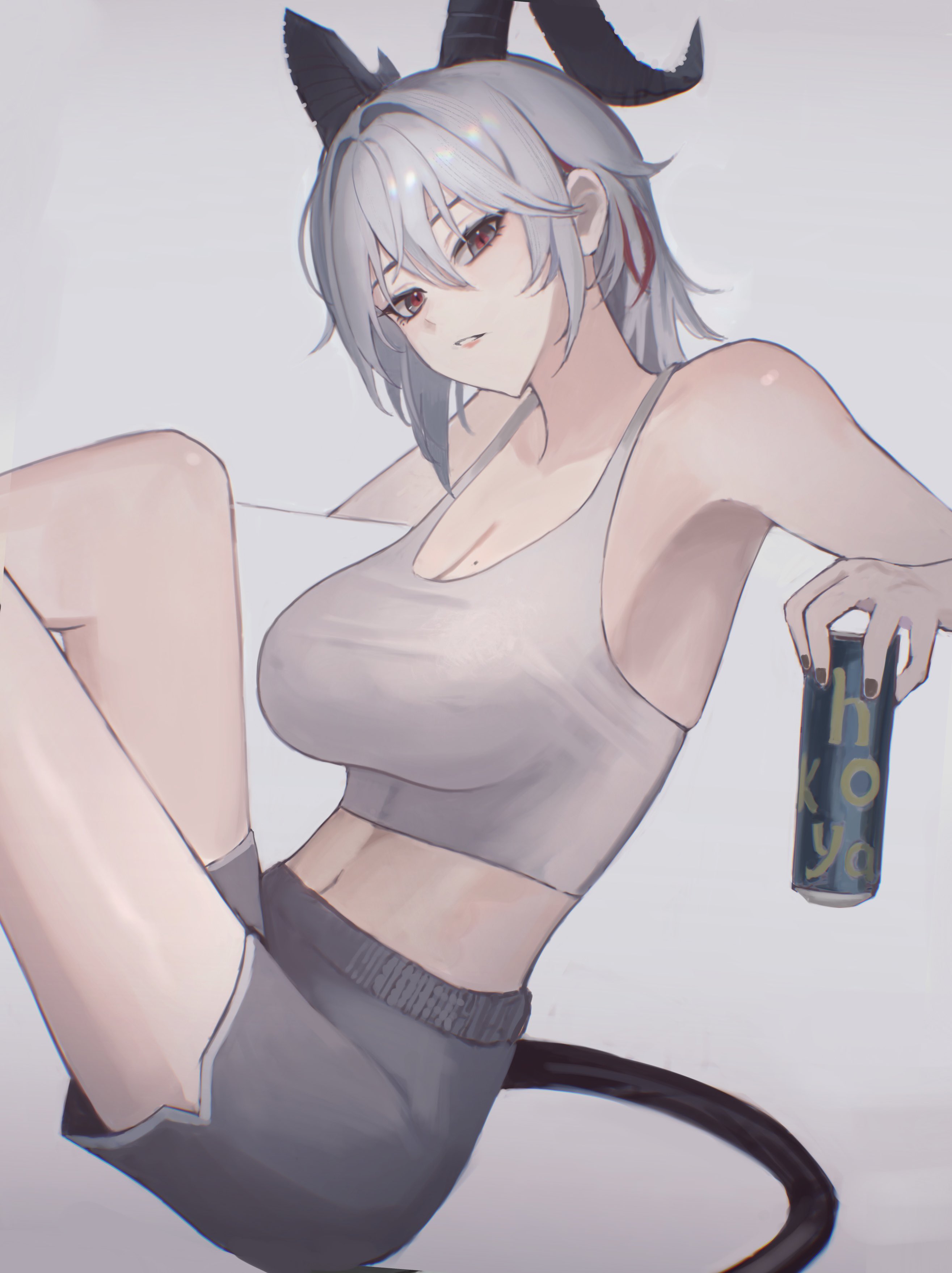 haruhachiya, zani (wuthering waves), wuthering waves, absurdres, commentary, hashtag-only commentary, highres, 1girl, bare shoulders, black eyes, black horns, black nails, black tail, breasts, can, curled horns, drink can, grey hair, grey shorts, hair between eyes, holding, holding can, horns, large breasts, long hair, midriff, mole, mole on breast, multicolored eyes, multicolored hair, nail polish, parted lips, red eyes, shorts, solo, streaked hair, two-tone eyes