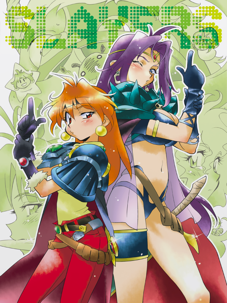 araizumi rui, lina inverse, naga the serpent, slayers, non-web source, official art, photoshop (medium), 4girls, armlet, armor, back-to-back, bikini, black bikini, black gloves, blue eyes, blush, breasts, cape, circlet, copyright name, dagger, earrings, glint, gloves, green background, half-closed eye, headband, index finger raised, jewelry, knife, large breasts, layered capelet, long hair, looking at viewer, multiple girls, navel, pauldrons, puckered lips, purple hair, red eyes, red hair, sheath, sheathed, shoulder armor, spiked pauldrons, standing, swimsuit, sword, thighlet, very long hair, weapon