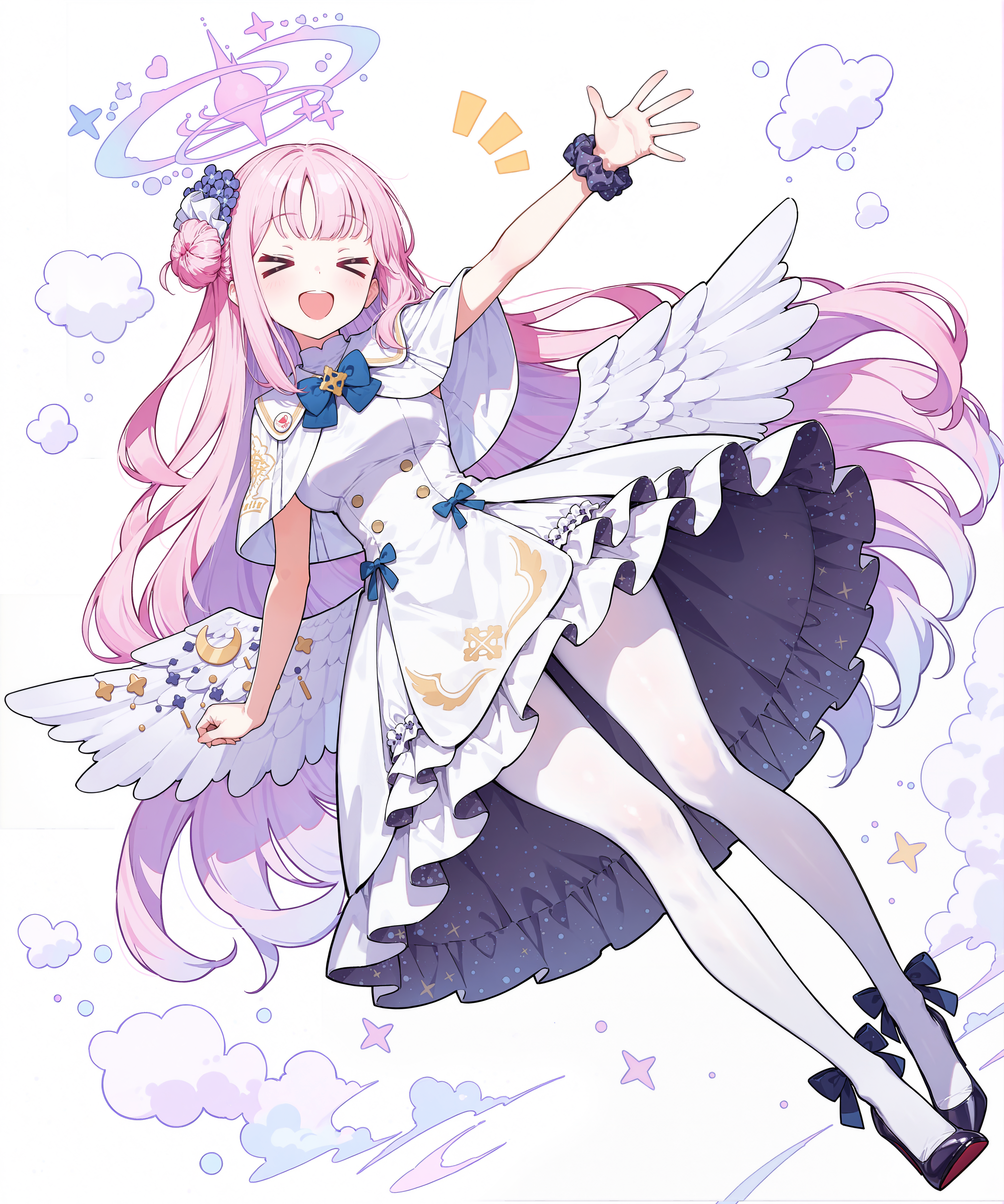 guyu (5445), mika (blue archive), blue archive, absurdres, commentary request, highres, > <, 1girl, angel wings, blue bow, blue bowtie, bow, bowtie, breasts, buttons, capelet, double-breasted, dress, feathered wings, frilled dress, frills, hair bun, halo, high-waist skirt, high heels, long hair, low wings, medium breasts, medium dress, open mouth, pantyhose, pink hair, pink halo, pumps, scrunchie, single hair bun, single side bun, skirt, sleeveless, sleeveless dress, smile, solo, very long hair, white capelet, white dress, white pantyhose, white skirt, white wings, wing ornament, wings, wrist scrunchie