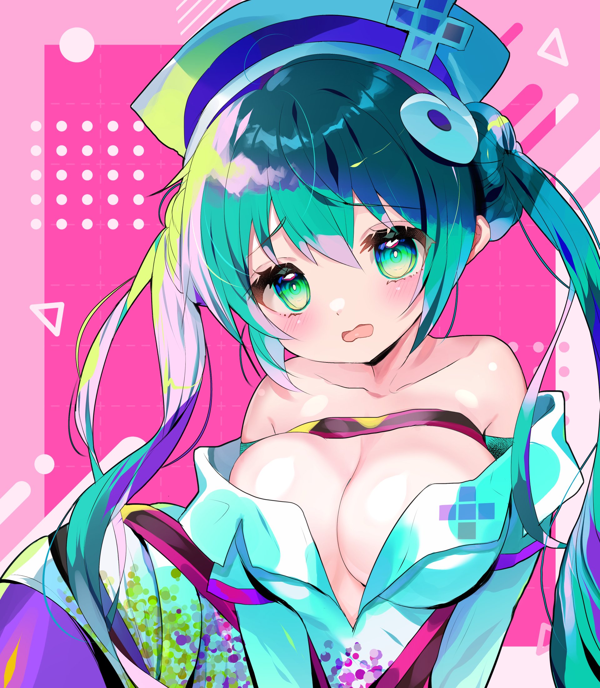 yuduki, medico (dohna dohna), dohna dohna issho ni warui koto o shiyou, highres, 1girl, bare shoulders, blush, breasts, cleavage, collarbone, embarrassed, eyelashes, hair between eyes, hat, large breasts, long hair, looking at viewer, multicolored hair, nurse cap, open mouth, pink background, ringed eyes, solo, twintails, upper body, very long hair