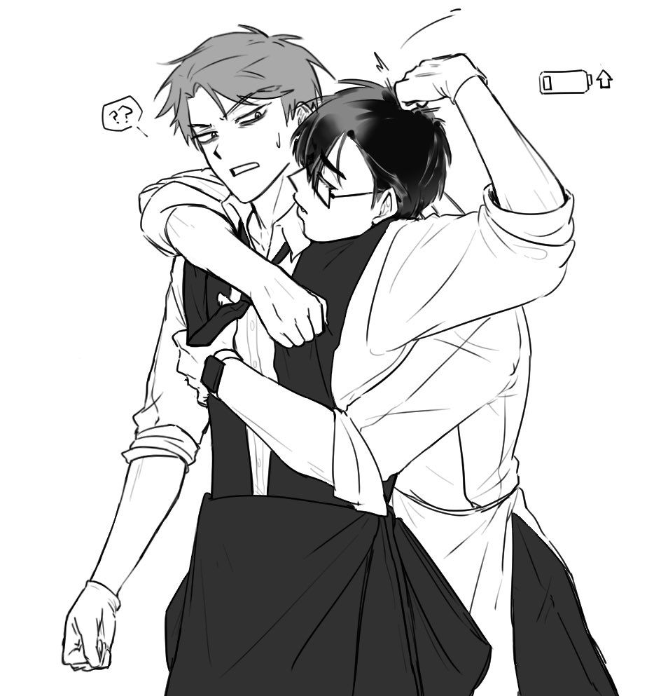 br3adhouse, ivan (alien stage), till (alien stage), alien stage, bad id, bad twitter id, 2boys, ?, ??, apron, battery indicator, collared shirt, glasses, gloves, greyscale, hug, hug from behind, male focus, monochrome, multiple boys, necktie, official alternate costume, shirt, short hair, sleeves rolled up, spoken question mark, watch, wristwatch, yaoi