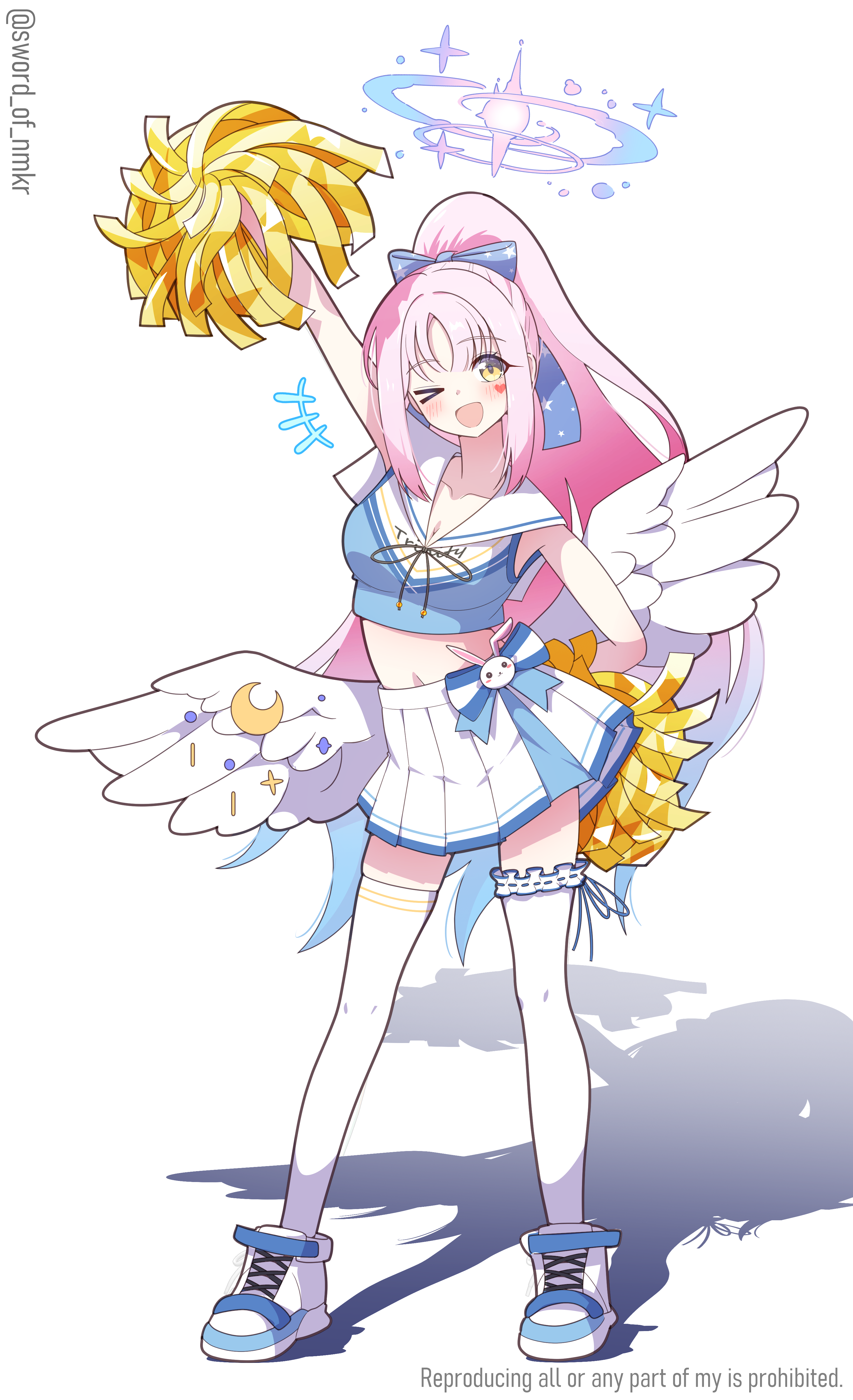 murasame (sword of nmkr), mika (blue archive), blue archive, absurdres, highres, 1girl, alternate costume, alternate hairstyle, angel wings, arm up, blush, breasts, cheerleader, cleavage, collarbone, crop top, feathered wings, full body, halo, low wings, medium breasts, midriff, navel, one eye closed, open mouth, pink hair, pink halo, pleated skirt, pom pom (cheerleading), ponytail, shirt, shoes, simple background, skirt, sleeveless, sleeveless shirt, smile, solo, thighhighs, white background, white shoes, white skirt, white thighhighs, white wings, wings