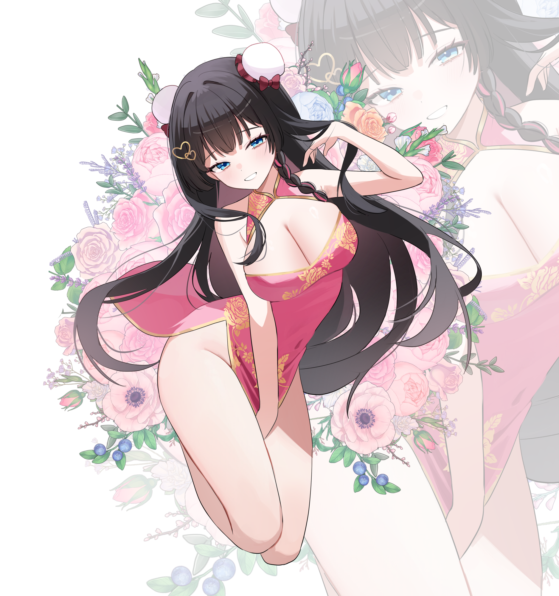 nannung, shirayuki hina, stellive, commentary request, highres, korean commentary, 1girl, bare arms, bare shoulders, between legs, black hair, blue eyes, braid, breasts, bun cover, china dress, chinese clothes, cleavage, cleavage cutout, clothing cutout, covered navel, double bun, dress, floral print, flower, grin, hair bun, hair ornament, hairclip, hand between legs, hand up, heart, heart hair ornament, large breasts, long hair, looking at viewer, no panties, pelvic curtain, pink dress, print dress, simple background, sleeveless, sleeveless dress, smile, solo, thighs, very long hair, virtual youtuber, white background, zoom layer