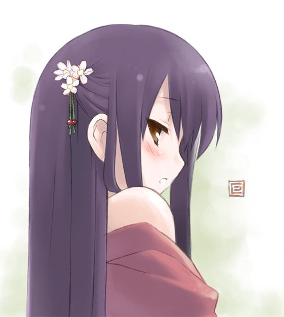 eretto, sera karen, sakura musubi, 1girl, bare shoulders, blush, female focus, flower, gradient background, hair flower, hair ornament, hairpin, loli, purple hair, simple background, solo, upper body, white background