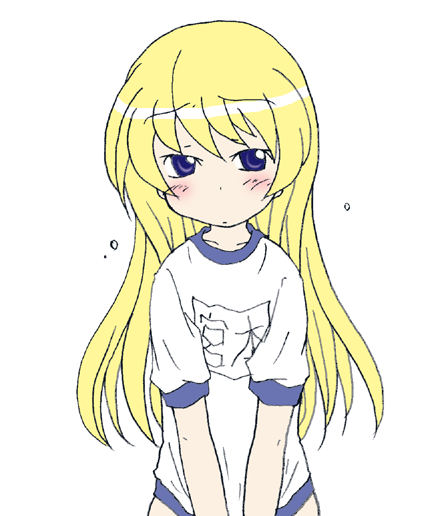 kotopan, rebecca miyamoto, pani poni dash!, 00s, 1girl, blonde hair, blue eyes, blush, female focus, gym uniform, long hair, nervous, own hands together, simple background, skirt, solo, thick eyebrows, white background, white skirt