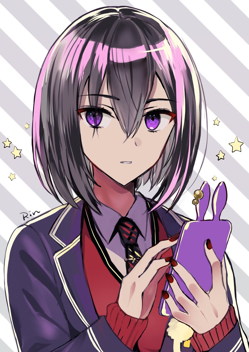 ooi ore, dohna dohna issho ni warui koto o shiyou, highres, 1girl, androgynous, black hair, black jacket, black necktie, cellphone, character name, hair between eyes, holding, holding phone, jacket, kamifumoto rin, looking at viewer, necktie, parted lips, phone, purple eyes, red nails, red sweater vest, short hair, smartphone, solo, striped background, sweater vest