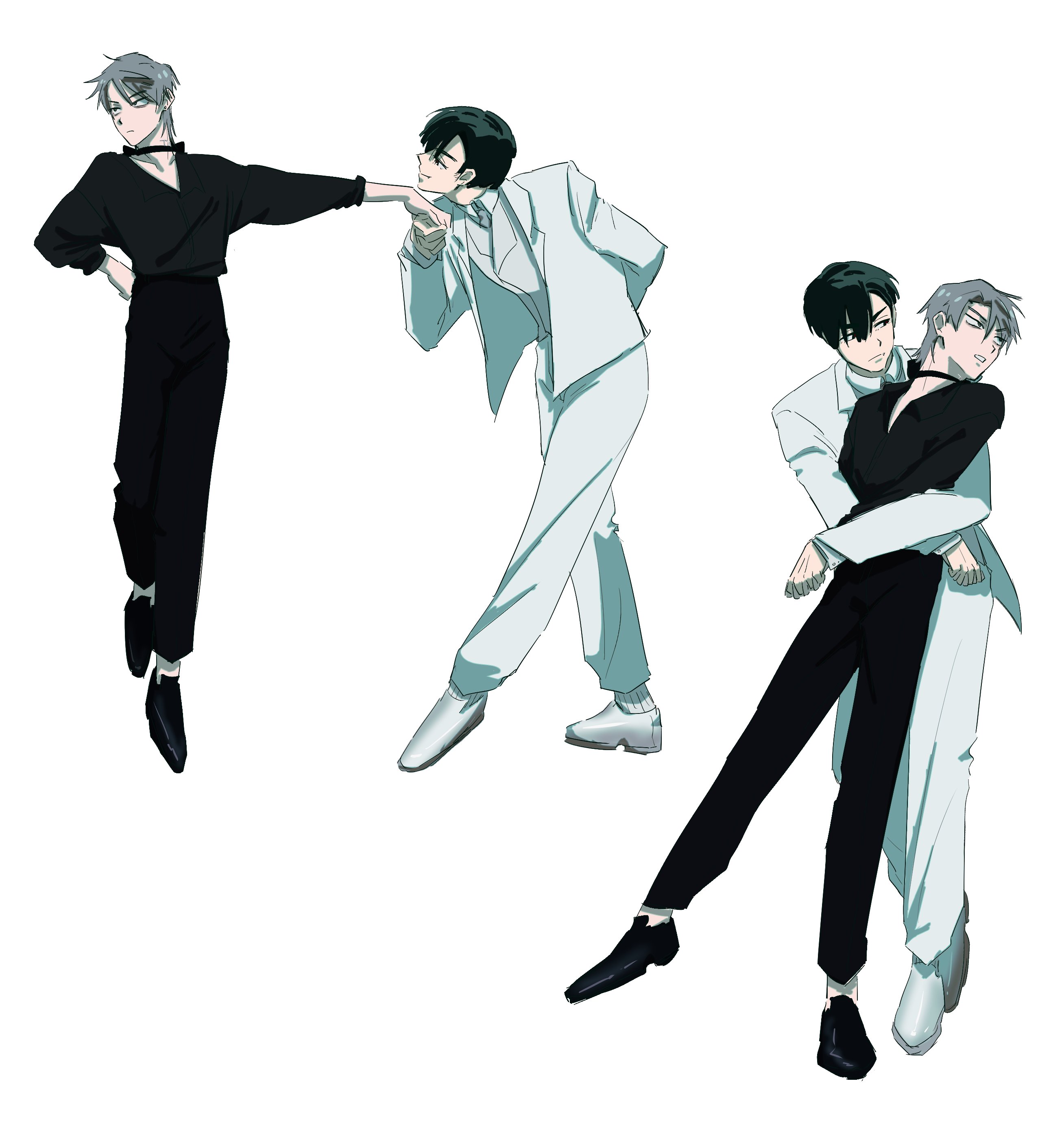 br3adhouse, ivan (alien stage), till (alien stage), alien stage, absurdres, commentary, hashtag-only commentary, highres, 2boys, arm behind back, arms around waist, black choker, black eyes, black hair, black pants, black shirt, black shoes, bow, bow choker, choker, collared shirt, dancing, grey hair, holding hands, jacket, long sleeves, male focus, multiple boys, pants, shirt, shoes, v-neck, white jacket, white pants, white shoes