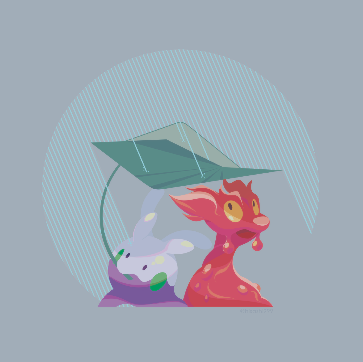 hisashi999, goomy, slugma, nintendo, pokemon, animal focus, colored sclera, full body, gen 2 pokemon, gen 6 pokemon, grey background, leaf umbrella, mouth hold, no humans, pokemon (creature), shielding another from rain, simple background, solid oval eyes, solo, yellow sclera