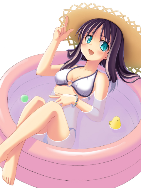 atsushima you, 1girl, ball, bare shoulders, barefoot, bikini, blue eyes, bracelet, brown hair, female focus, hat, jewelry, long hair, o-ring, o-ring top, open mouth, purple hair, ringed eyes, simple background, solo, straw hat, sun hat, swimsuit, wading pool, water, white background, white bikini