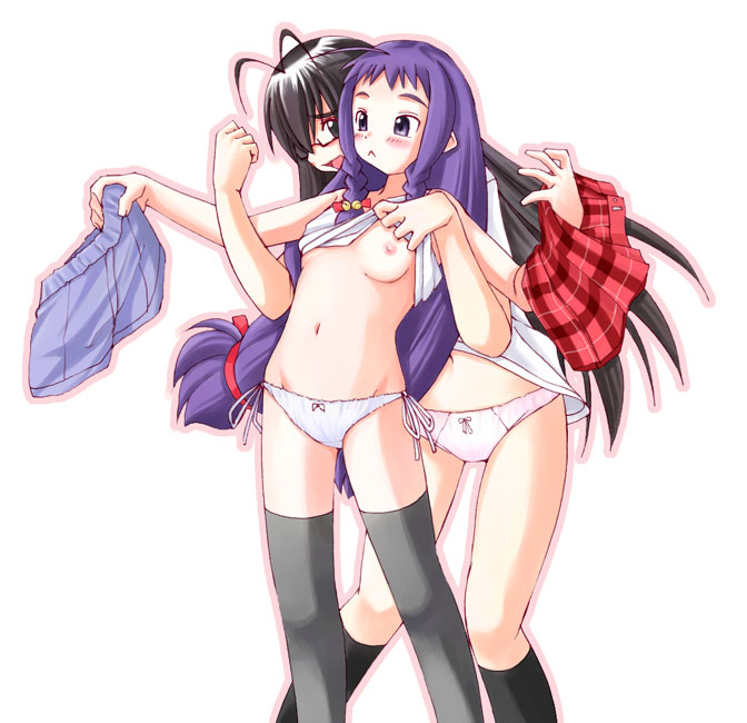 yuzu (hide and seek), ayase yue, saotome haruna, mahou sensei negima!, 00s, 2girls, :<, antenna hair, assertive female, assisted exposure, black eyes, black hair, black socks, black thighhighs, blush, bottomless, bow, bow panties, boxers, braid, breasts, changing, clothes lift, female focus, holding, holding shorts, holding unworn clothes, holding unworn skirt, hug, kneehighs, long hair, male underwear, multiple girls, navel, nipples, no pants, outline, panties, pink panties, plaid clothes, plaid skirt, purple eyes, purple hair, ribbon, shirt lift, shorts, side-tie panties, simple background, skirt, socks, standing, thighhighs, underwear, undressing, unworn shorts, unworn skirt, white background, white panties, yuri