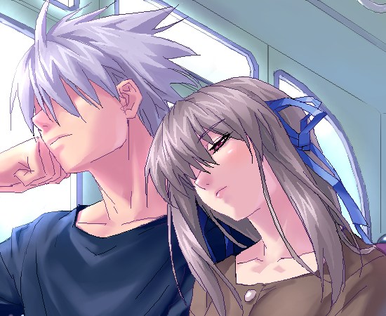zen, kunisaki yukito, toono minagi, air (visual novel), looking away, silver hair, 00s, 1boy, 1girl, ahoge, blush, brown hair, collarbone, couple, faceless, faceless male, hair ribbon, head rest, hetero, leaning, lips, long hair, looking down, oekaki, red eyes, ribbon, short hair, sidelocks, train, train interior