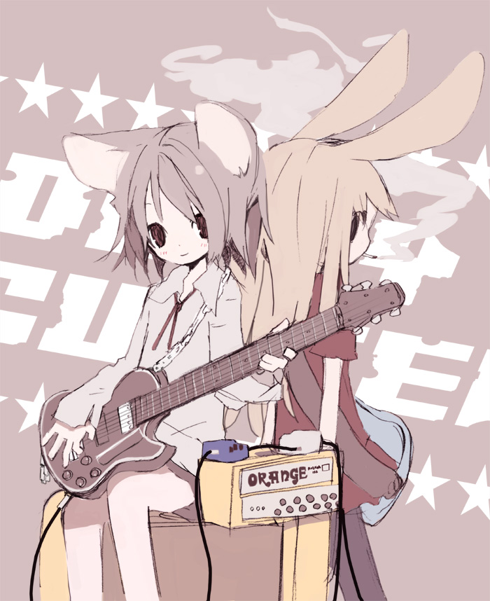 mitsuki mouse, original, 2girls, animal ears, cat ears, electric guitar, guitar, holding, holding guitar, holding instrument, instrument, multiple girls, rabbit ears