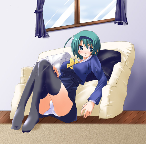 yoshioka chie, to heart (series), to heart 2, artist request, 00s, black thighhighs, dress, hairband, leaning, panties, pantyshot, sitting, solo, thighhighs, underwear, upskirt, white panties, zettai ryouiki