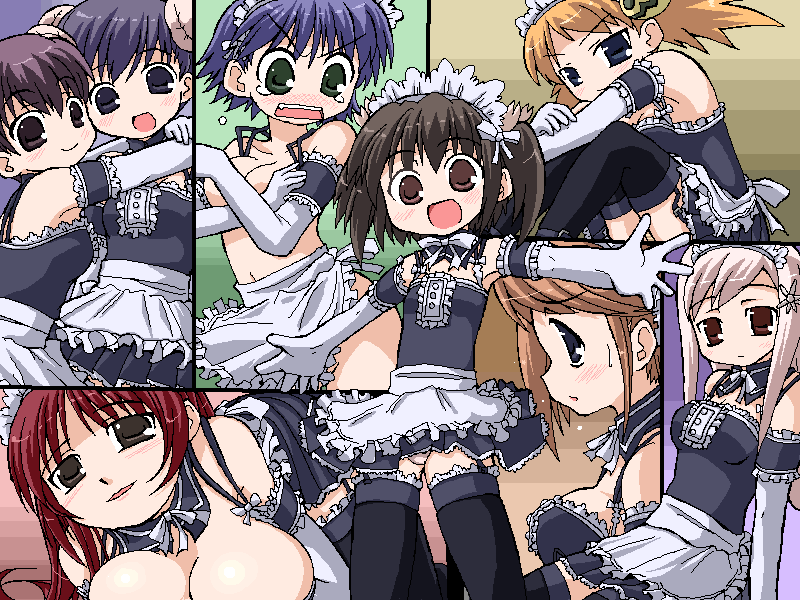 himeyuri ruri, himeyuri sango, komaki manaka, kousaka tamaki, lucy maria misora, sasamori karin, tonami yuma, yuzuhara konomi, kore ga watashi no goshujin-sama, to heart (series), to heart 2, tagme, 6+girls, apron, bare shoulders, blonde hair, blush, breasts, brown hair, covering breasts, covering privates, crossover, crying, crying with eyes open, detached collar, elbow gloves, everyone, facing viewer, folded ponytail, garter straps, gloves, hug, lingerie, looking at viewer, maid, maid apron, medium breasts, multiple girls, nakabayashi yoshitaka's maid uniform, naked apron, panties, panty peek, pantyshot, parody, purple hair, siblings, sisters, sitting, small breasts, smile, sweatdrop, tears, thighhighs, twins, twintails, underwear, waist apron, white gloves