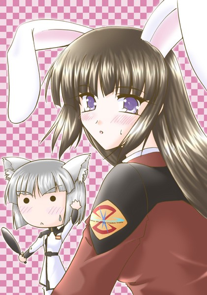 shiho hahnenfuss, yzak joule, gundam, gundam seed, gundam seed destiny, 00s, animal ears, brown hair, hand mirror, mirror, purple eyes, rabbit ears