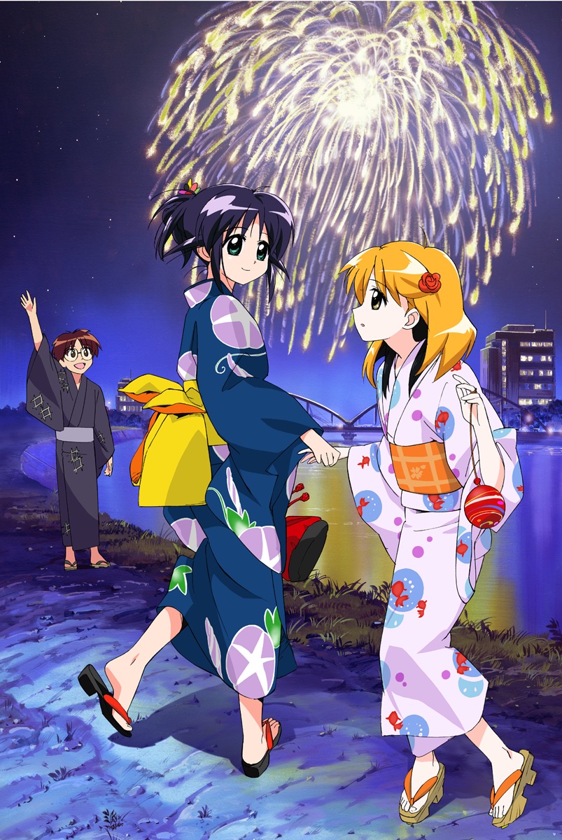 shibata yuka, andou mahoro, andou minawa, misato suguru, mahoromatic, highres, 1boy, 2girls, aerial fireworks, bridge, feet, fireworks, floral print, geta, holding hands, japanese clothes, kimono, morning glory print, multiple girls, night, obi, okobo, platform sandals, river, sandals, sash, toes, yukata, zouri