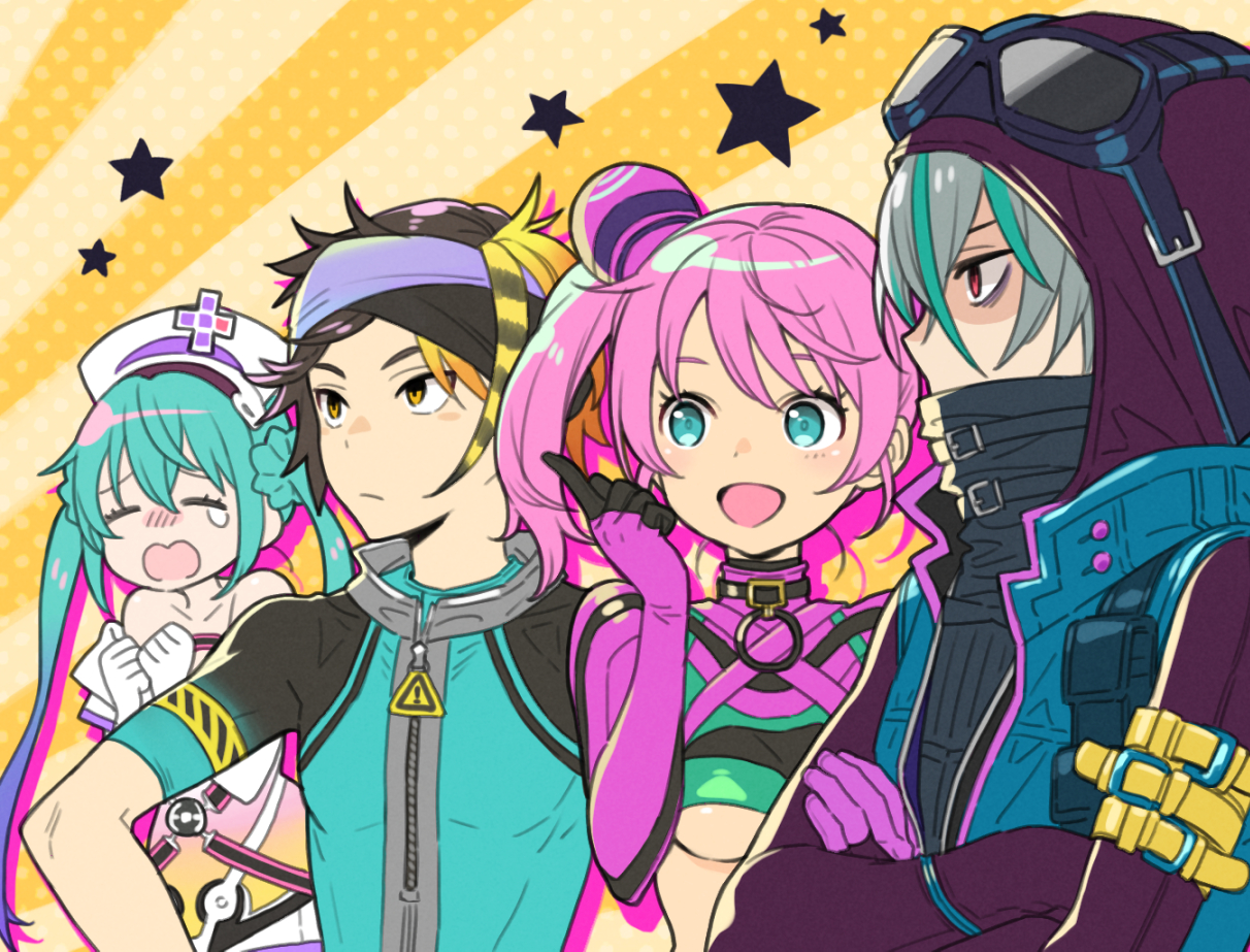 ito fumi, kirakira (dohna dohna), kuma (dohna dohna), medico (dohna dohna), torataro (dohna dohna), dohna dohna issho ni warui koto o shiyou, 2boys, 2girls, bags under eyes, blue eyes, blue shirt, breasts, clenched hands, collarbone, crossed arms, elbow gloves, eyelashes, gloves, goggles, goggles on headwear, grey hair, hood, hood up, multicolored hair, multiple boys, multiple girls, open mouth, pink hair, red eyes, shirt, sign, star (symbol), streaked hair, sunburst, sunburst background, twintails, underboob, warning sign, white gloves, yellow eyes, zipper pull tab