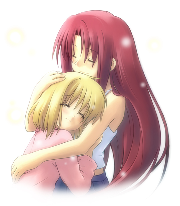 eretto, kamio haruko, kamio misuzu, air (visual novel), 00s, 2girls, blonde hair, camisole, closed eyes, hand on another's head, happy, hug, long hair, multiple girls, red hair, short hair, simple background, smile, sparkle, very long hair
