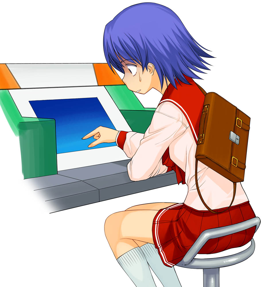 a1 (initial-g), tonami yuma, to heart (series), to heart 2, 00s, blue eyes, blue hair, pleated skirt, school uniform, serafuku, short hair, sitting, skirt, solo, sweat
