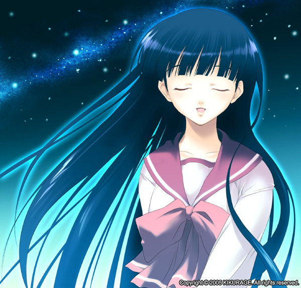 kikurage (plastic people), kusakabe yuuki (to heart 2), to heart (series), to heart 2, 00s, 1girl, black hair, closed eyes, female focus, long hair, night, school uniform, serafuku, solo