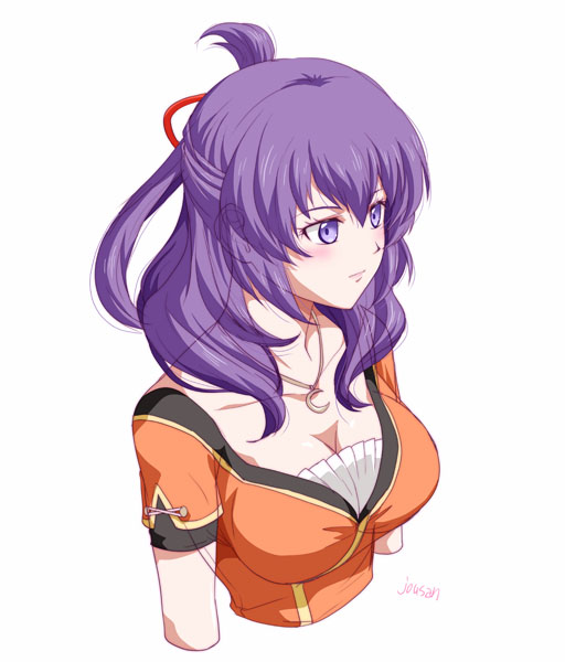 xiacheng tatsuya, rixia mao, ao no kiseki, eiyuu densetsu, zero no kiseki, 1girl, artist name, breasts, cleavage, crescent, crescent necklace, from above, hair rings, half updo, jewelry, large breasts, necklace, portrait, short sleeves, simple background, solo, white background