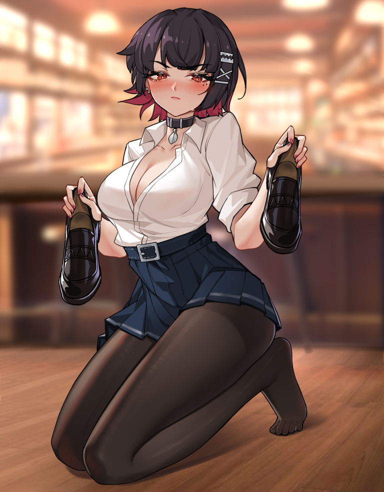 xssh, ellen joe, ellen joe (on campus), zenless zone zero, commentary request, 1girl, black choker, black hair, black pantyhose, black shoes, blue skirt, blush, breasts, choker, cleavage, closed mouth, colored inner hair, feet, hair ornament, holding, holding shoes, holding unworn clothes, kneeling, large breasts, loafers, looking at viewer, mole, mole under eye, multicolored hair, no shoes, no tail, pantyhose, partially unbuttoned, pleated skirt, razor blade hair ornament, red hair, shirt, shoes, short hair, skirt, sleeves rolled up, solo, unworn shoes, white shirt, x hair ornament