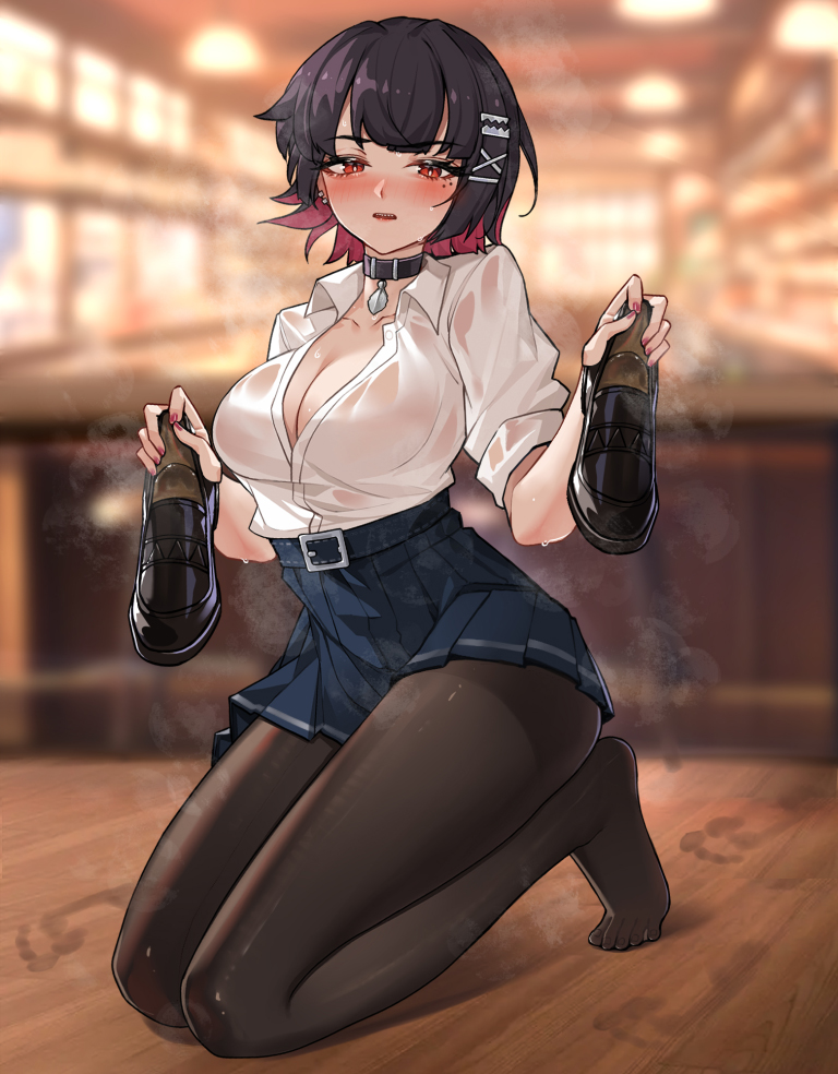 xssh, ellen joe, ellen joe (on campus), zenless zone zero, commentary request, 1girl, black choker, black hair, black pantyhose, black shoes, black skirt, blue skirt, blush, breasts, choker, cleavage, colored inner hair, feet, hair ornament, holding, holding shoes, holding unworn clothes, kneeling, large breasts, loafers, looking at viewer, mole, mole under eye, multicolored hair, no shoes, no tail, pantyhose, parted lips, partially unbuttoned, pleated skirt, razor blade hair ornament, red hair, shirt, shoes, short hair, skirt, sleeves rolled up, solo, steaming body, unworn shoes, wet, wet clothes, wet shirt, white shirt, x hair ornament