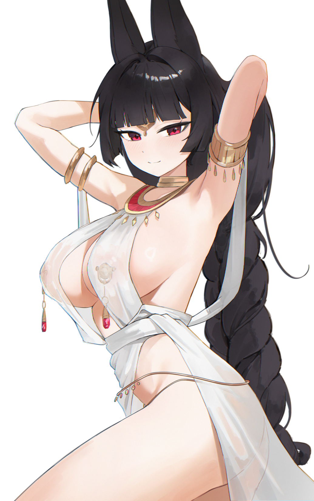 kumari2311, original, commission, highres, 1girl, ancient egyptian clothes, animal ears, armlet, armpits, arms behind head, arms up, bare shoulders, black hair, blunt bangs, braid, breasts, cleavage, closed mouth, collar, cowboy shot, gold choker, jackal ears, jewelry, large breasts, long hair, looking at viewer, panty straps, pasties, red eyes, revealing clothes, simple background, single braid, smile, solo, spaghetti strap, thighs, very long hair, white background
