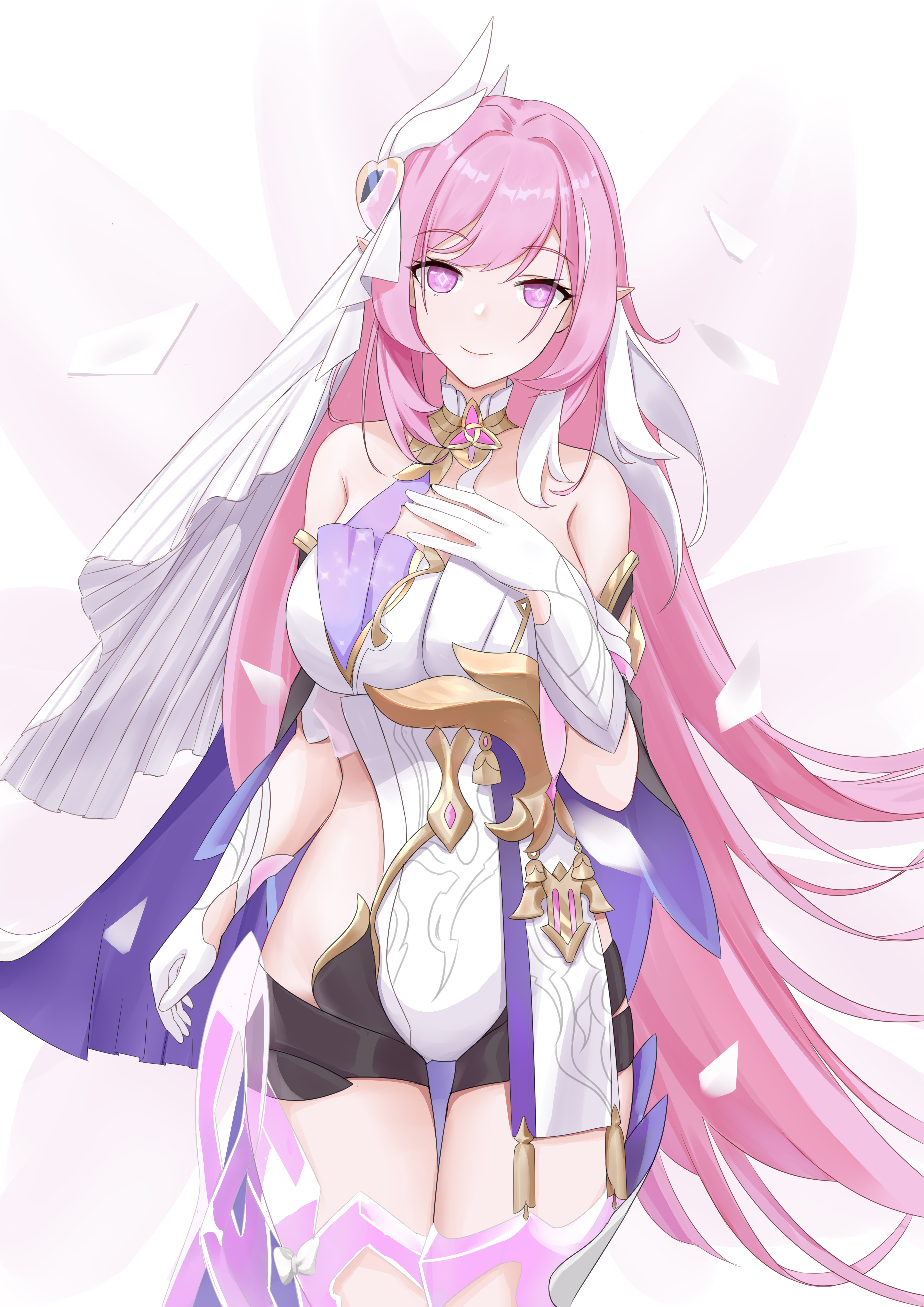 qing-yu, elysia (herrscher of human: ego) (honkai impact), elysia (honkai impact), honkai (series), honkai impact 3rd, absurdres, commentary request, highres, 1girl, bare shoulders, black shorts, breasts, bridal veil, closed mouth, diamond-shaped pupils, diamond (shape), gloves, hand on own chest, large breasts, leotard, long hair, looking at viewer, pink hair, pointy ears, purple eyes, short shorts, shorts, sidelocks, smile, solo, symbol-shaped pupils, thigh gap, thighs, triquetra, veil, very long hair, white gloves, white leotard, white petals, white veil