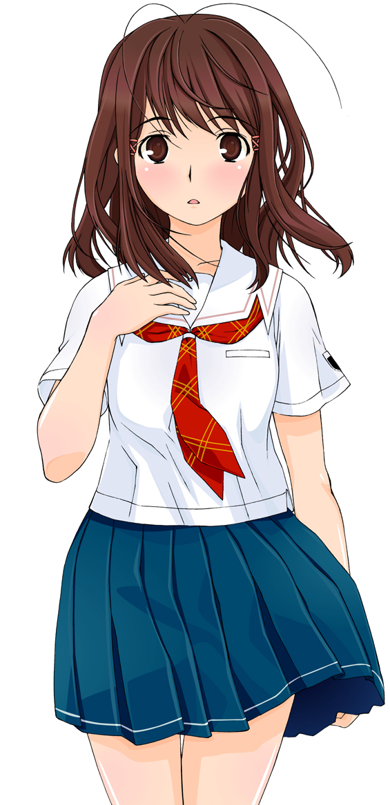 yamaguchi homupe, hoshino yuumi, kimi kiss, 1girl, antenna hair, blush, brown eyes, brown hair, female focus, school uniform, serafuku, solo