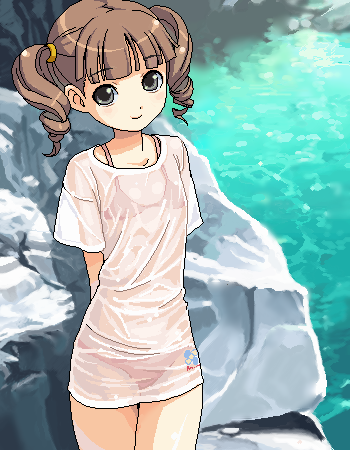 kishida mel, yumeno uta, onegai my melody, sanrio, lowres, 00s, 1girl, arms behind back, bikini, bikini under clothes, brown hair, drill hair, female focus, grey eyes, looking at viewer, oekaki, outdoors, see-through clothes, shirt, short hair, smile, solo, standing, swimsuit, swimsuit under clothes, t-shirt, twin drills, twintails, wet, wet clothes, wet shirt