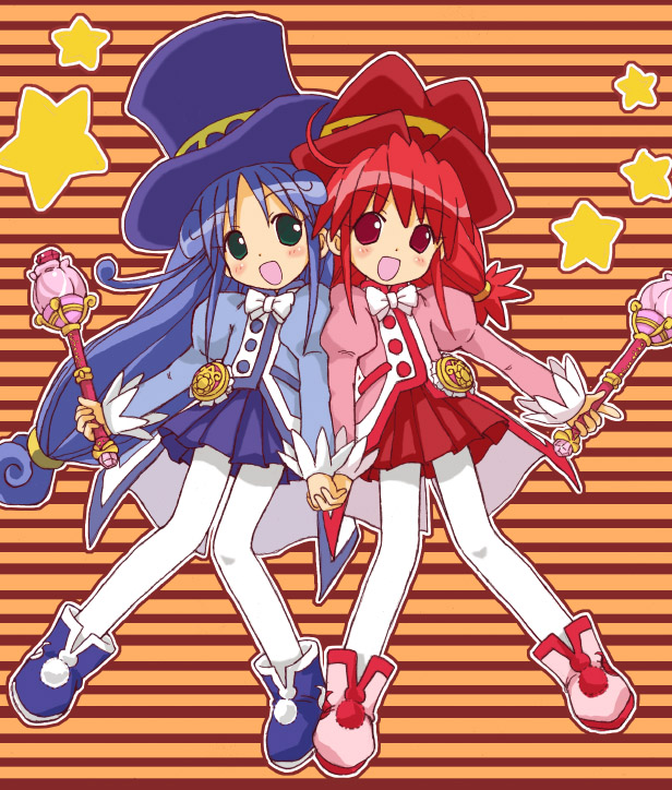 haikuro, fine (futagohime), rein (futagohime), fushigiboshi no futago hime, 00s, 2girls, hat, holding hands, interlocked fingers, multiple girls, pantyhose, red skirt, skirt, top hat, wand