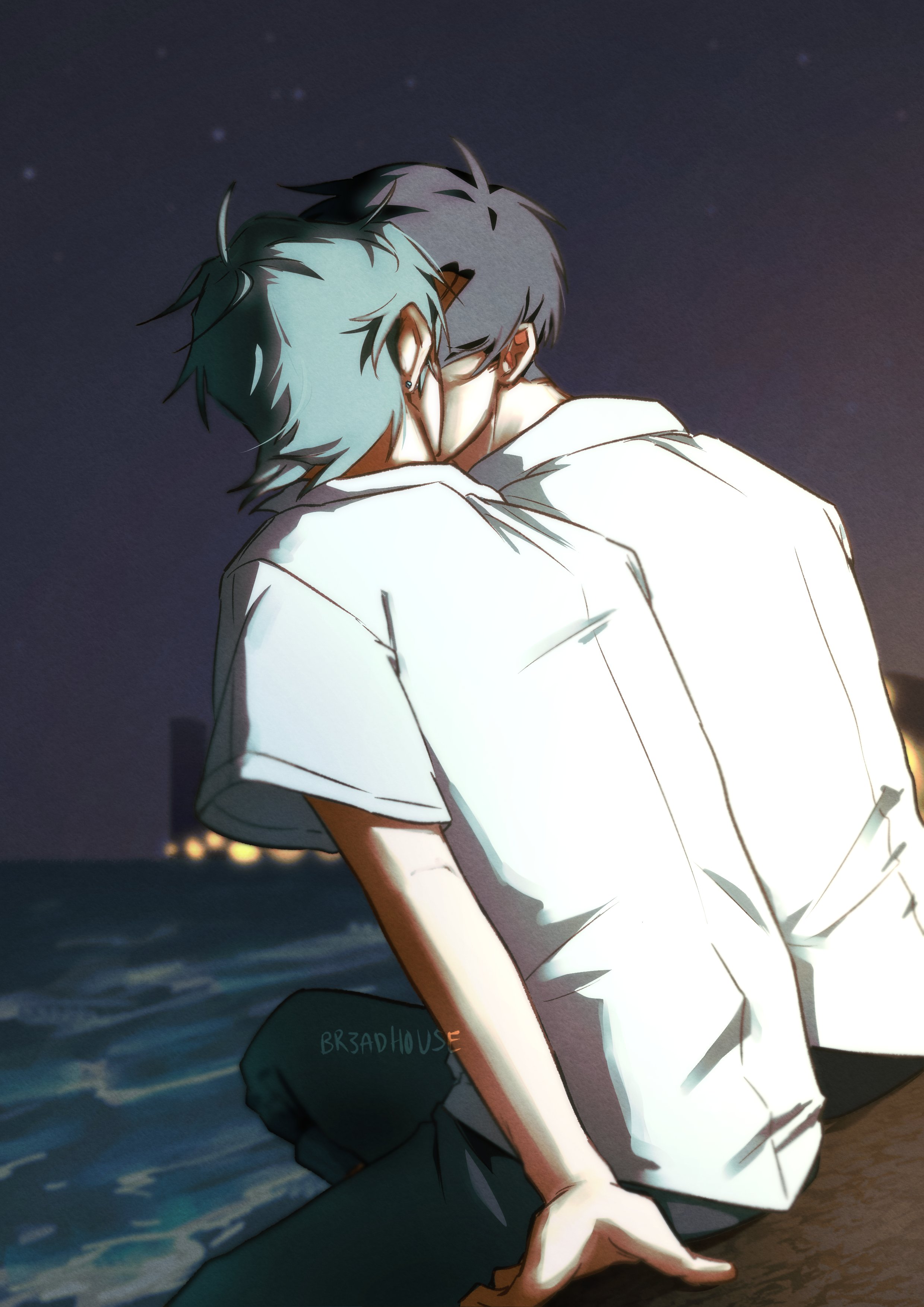 br3adhouse, ivan (alien stage), till (alien stage), alien stage, absurdres, commentary, hashtag-only commentary, highres, 2boys, beach, black hair, earrings, grey hair, jewelry, kiss, male focus, multiple boys, night, night sky, outdoors, shirt, short sleeves, signature, sitting, sky, water, white shirt, yaoi