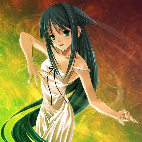 aizawa kotarou, saya (saya no uta), saya no uta, lowres, 1girl, collarbone, dress, female focus, green eyes, green hair, long hair, looking at viewer, matching hair/eyes, outstretched arms, ribbon, sayanouta, smile, solo, spread arms, strap slip, sundress, very long hair