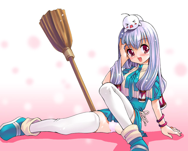 tiki (pangya), pangya, arm support, blue hair, blush, broom, dress, long hair, object on head, panties, pantyshot, red eyes, shoes, sitting, smile, solo, thighhighs, underwear, white panties, white thighhighs