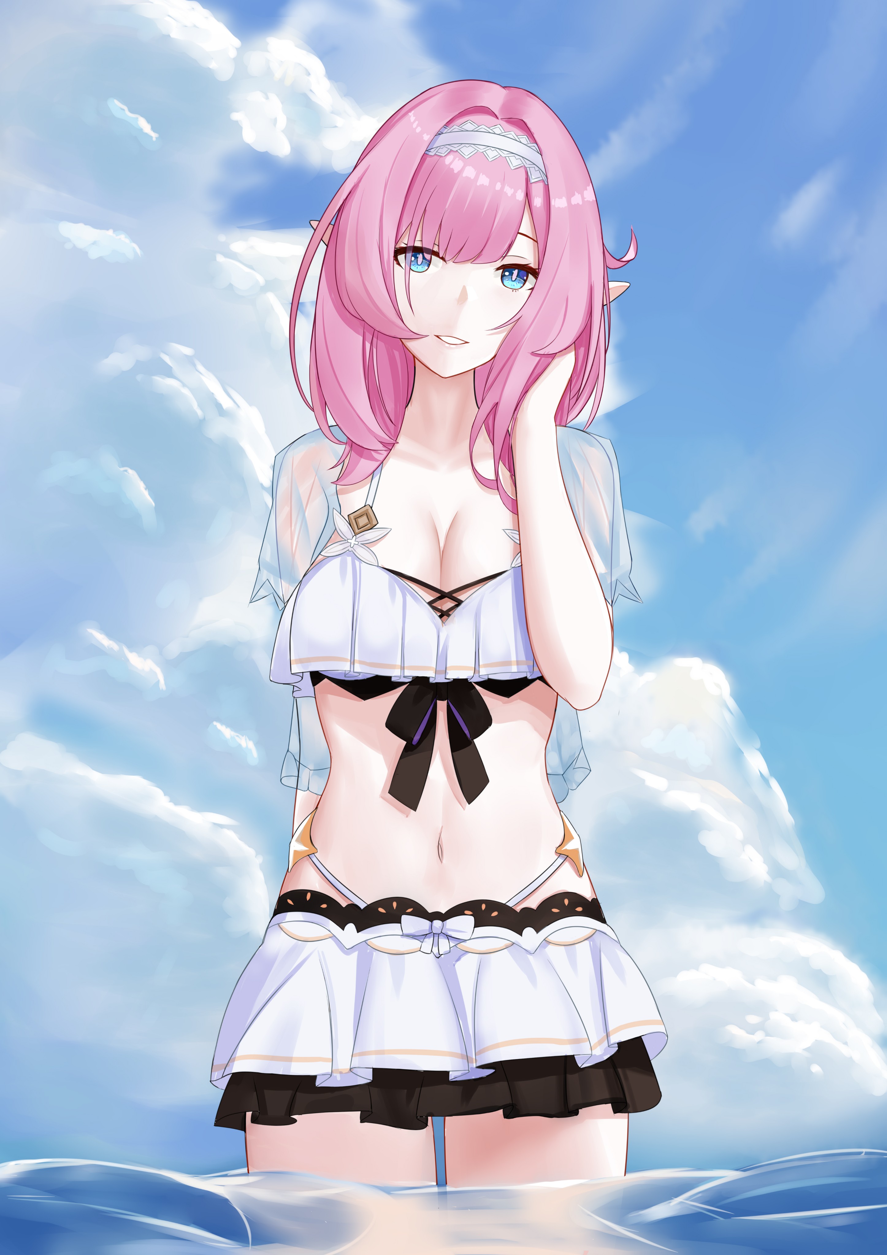 qing-yu, elysia (honkai impact), elysia (miss pink elf) (honkai impact), elysia (summer miss elf) (honkai impact), honkai (series), honkai impact 3rd, absurdres, commentary, highres, 1girl, bikini, blue eyes, blue jacket, blue sky, breasts, cleavage, collarbone, day, hairband, hand up, jacket, layered skirt, long hair, looking at viewer, medium breasts, navel, official alternate costume, outdoors, parted lips, pink hair, pink pupils, pointy ears, see-through clothes, see-through jacket, sidelocks, skirt, sky, smile, solo, stomach, swimsuit, thighs, wading, white bikini, white hairband, white skirt