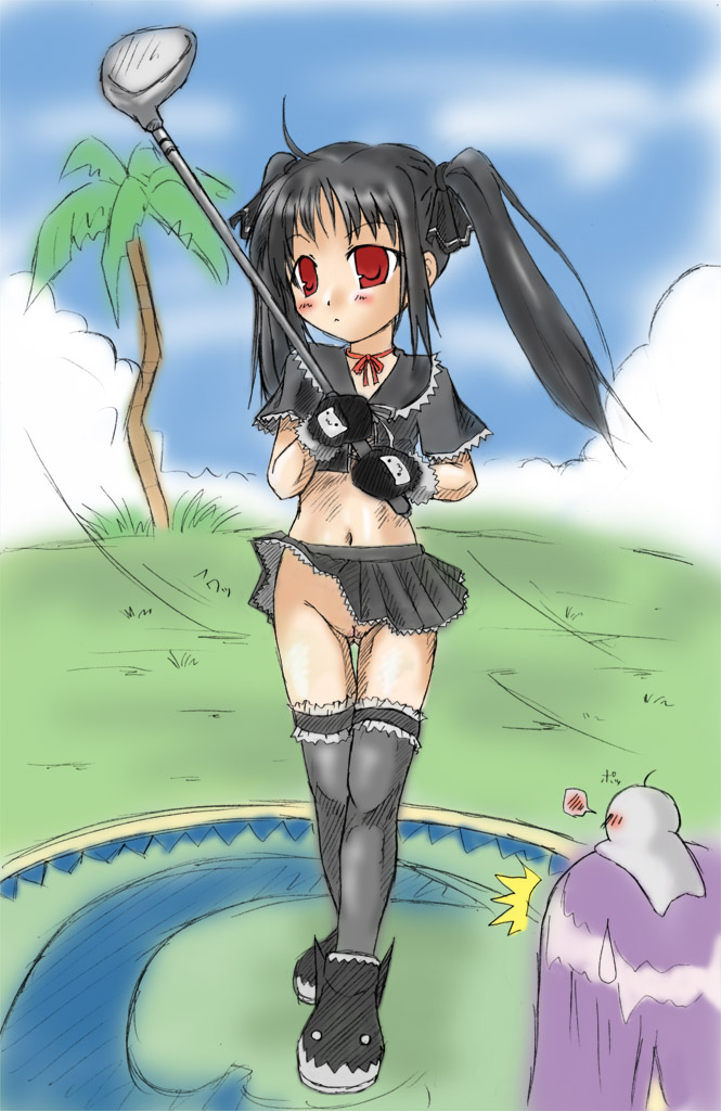 kooh (pangya), tiki (pangya), pangya, artist request, 2girls, black hair, black thighhighs, clothes lift, female focus, full body, loli, miniskirt, multiple girls, nature, navel, no panties, outdoors, plant, public indecency, pussy, red eyes, skirt, skirt lift, sky, thighhighs, wind, wind lift, zettai ryouiki