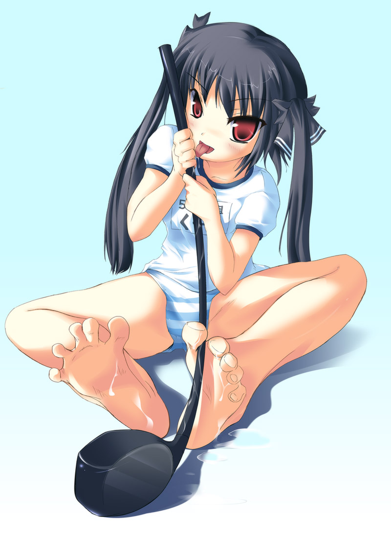 safi, kooh (pangya), pangya, 1girl, barefoot, between toes, black hair, blue panties, bottomless, bow, cum, feet, female focus, golf, golf club, gym uniform, hair bow, hair ribbon, long hair, naughty face, no pants, panties, red eyes, ribbon, sitting, soles, solo, spread toes, striped clothes, striped panties, toes, twintails, underwear