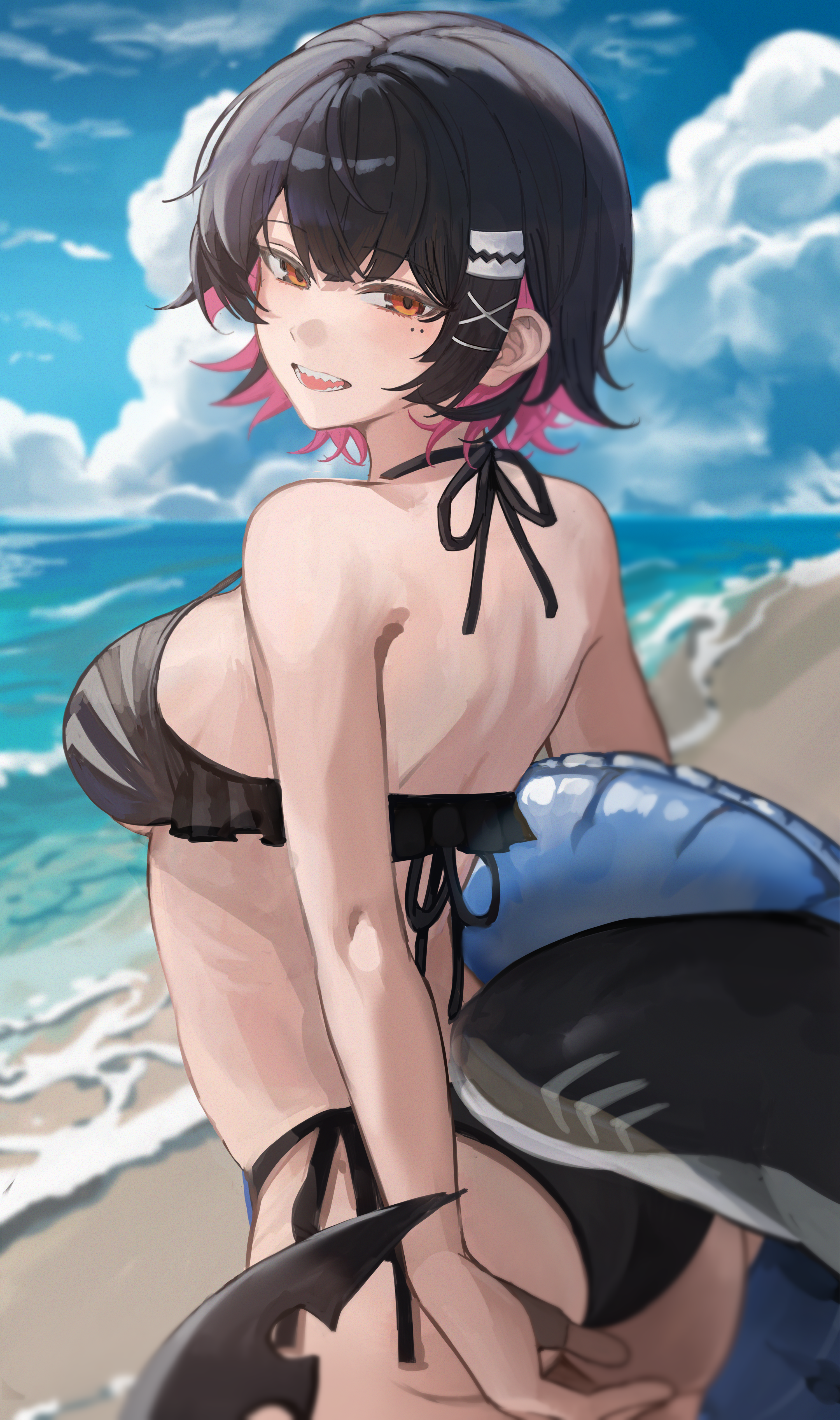 emiya negi, ellen joe, zenless zone zero, absurdres, highres, 1girl, alternate costume, ass, bare shoulders, beach, bikini, black bikini, black hair, blue sky, breasts, fins, fish tail, large breasts, looking at viewer, looking back, open mouth, orange eyes, pink hair, shark girl, shark tail, sharp teeth, short hair, side-tie bikini bottom, sky, smile, solo, swim ring, swimsuit, tail, teeth