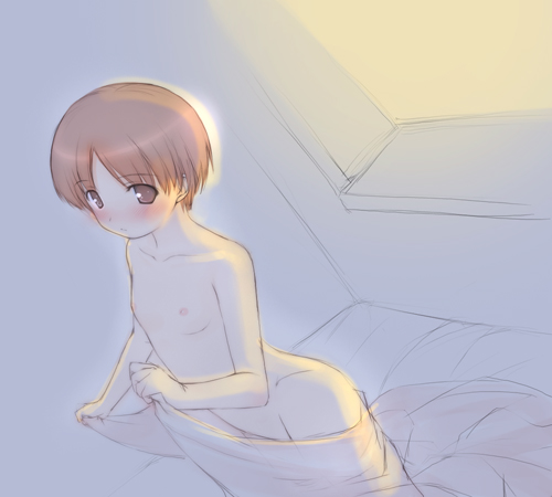 ooji, hoshizaki anon, natsunone, lowres, source request, 1girl, blush, brown eyes, brown hair, completely nude, female focus, flat chest, loli, nipples, nude, short hair, solo