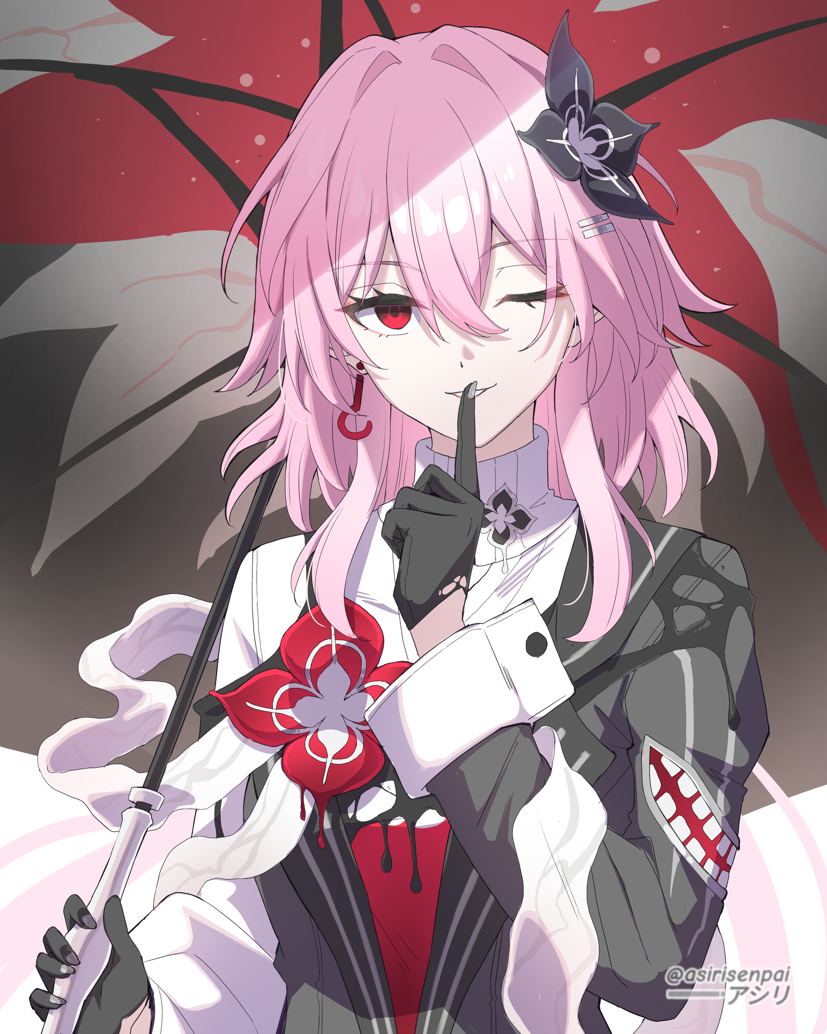 asiri senpai, evernight (honkai: star rail), march 7th (honkai: star rail), honkai: star rail, honkai (series), absurdres, commentary, highres, 1girl, adapted costume, asymmetrical clothes, asymmetrical dress, black dress, black flower, black gloves, black umbrella, breasts, dress, earrings, finger to mouth, flower, gloves, hair between eyes, hair flower, hair ornament, hairclip, hand up, holding, holding umbrella, jewelry, long hair, long sleeves, looking at viewer, one eye closed, parallel hairclips, parted lips, pink hair, red eyes, shirt, shushing, single earring, small breasts, smile, solo, turtleneck, turtleneck shirt, twitter username, umbrella, upper body, white shirt