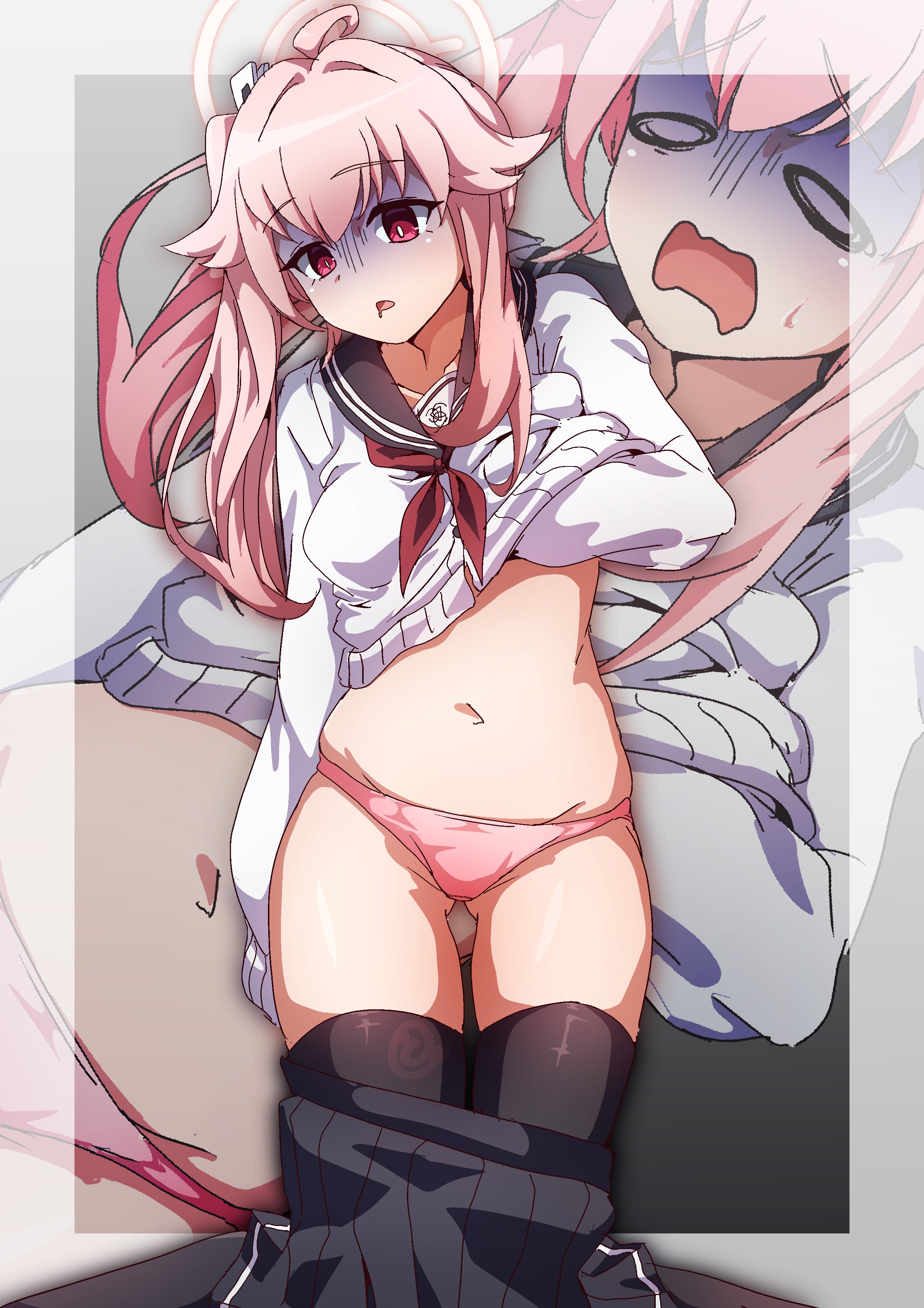 to (tototo tk), natsu (blue archive), blue archive, absurdres, highres, 1girl, ahoge, black sailor collar, black skirt, black thighhighs, cardigan, clothes pull, halo, long hair, long sleeves, navel, open mouth, panties, pink hair, pink halo, pink panties, pleated skirt, red eyes, sailor collar, school uniform, serafuku, side ponytail, skirt, skirt pull, solo, stomach, thighhighs, turn pale, underwear, white cardigan, zoom layer