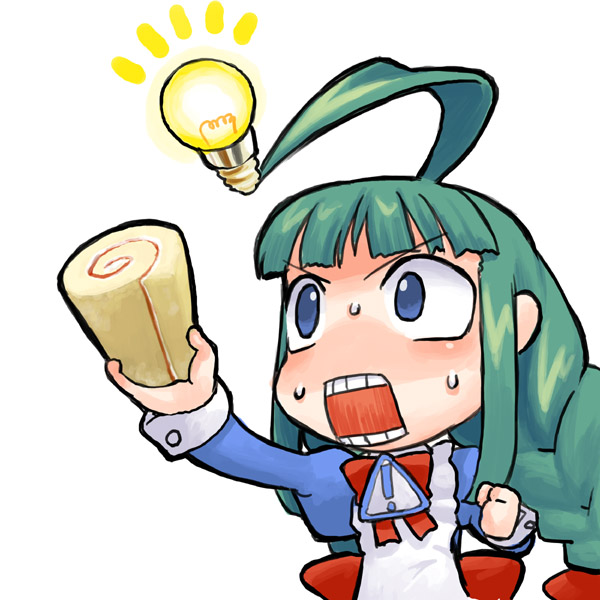 me-tan, os-tan, 1girl, ahoge, cake, chibi, chibi only, female focus, food, green hair, light bulb, solo, sweat, swiss roll