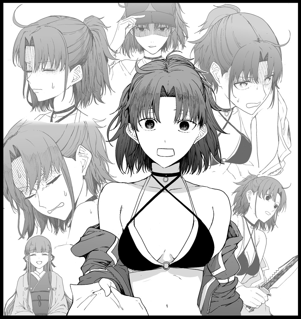 syatey, asagami fujino, ryougi shiki, ryougi shiki (swimsuit mooncancer), fate/grand order, fate (series), kara no kyoukai, character request, check character, commentary request, 2girls, bare shoulders, baseball cap, breasts, choker, cleavage, closed eyes, gloom (expression), hat, holding, holding knife, holding paper, jacket, knife, long sleeves, monochrome, multiple girls, multiple views, navel, off shoulder, open mouth, paper, ryougi shiki (swimsuit mooncancer) (first ascension), simple background, smile, stomach, sweatdrop, upper body, white background