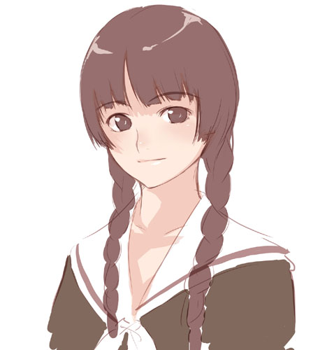 shimazu yoshino, maria-sama ga miteru, lowres, 00s, 1girl, braid, brown eyes, brown hair, female focus, hair over shoulder, looking at viewer, oekaki, school uniform, simple background, solo, twin braids, white background