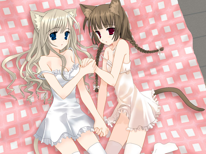 shimazu yoshino, toudou shimako, maria-sama ga miteru, 00s, 2girls, animal ears, blonde hair, blue eyes, braid, brown hair, cat ears, chemise, holding hands, long hair, lying, multiple girls, red eyes, strap slip, thighhighs, twin braids